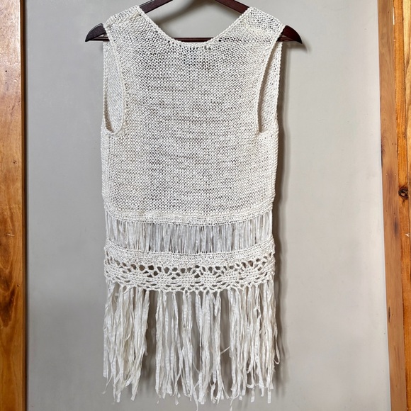 Wet Seal Off-White Loose Knit Summer Shawl Western Boho Fringe Vest Coverup Top - Picture 2 of 6